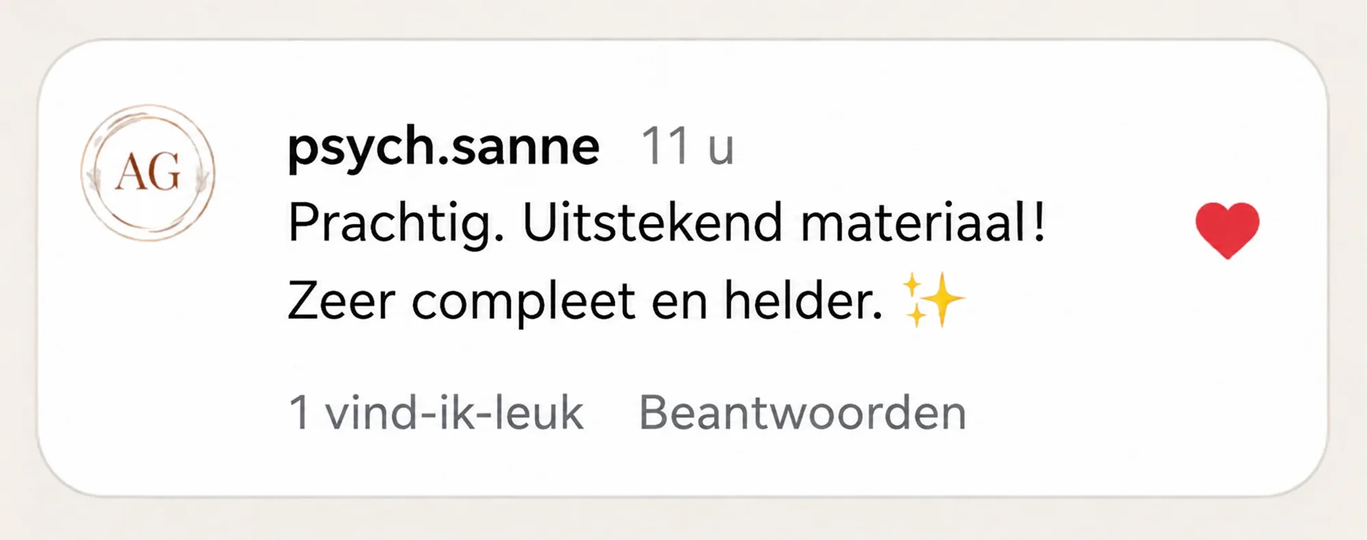 Reactie die benadrukt dat het materiaal compleet en helder is